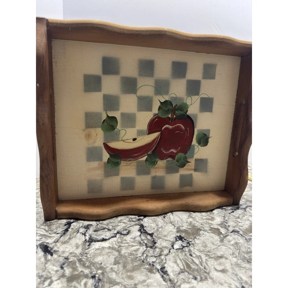 Vintage Hand-Painted Apple Wood Serving Tray Cottagecore Rustic Farmhouse